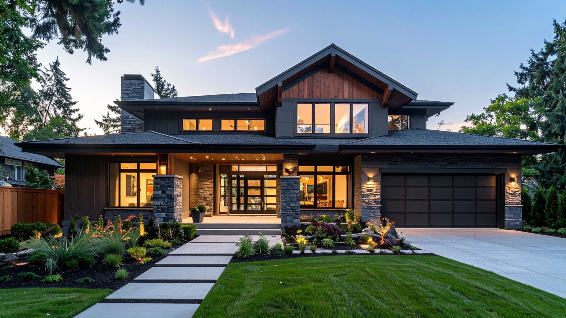 Modern home at dusk with a dark aluminum garage door