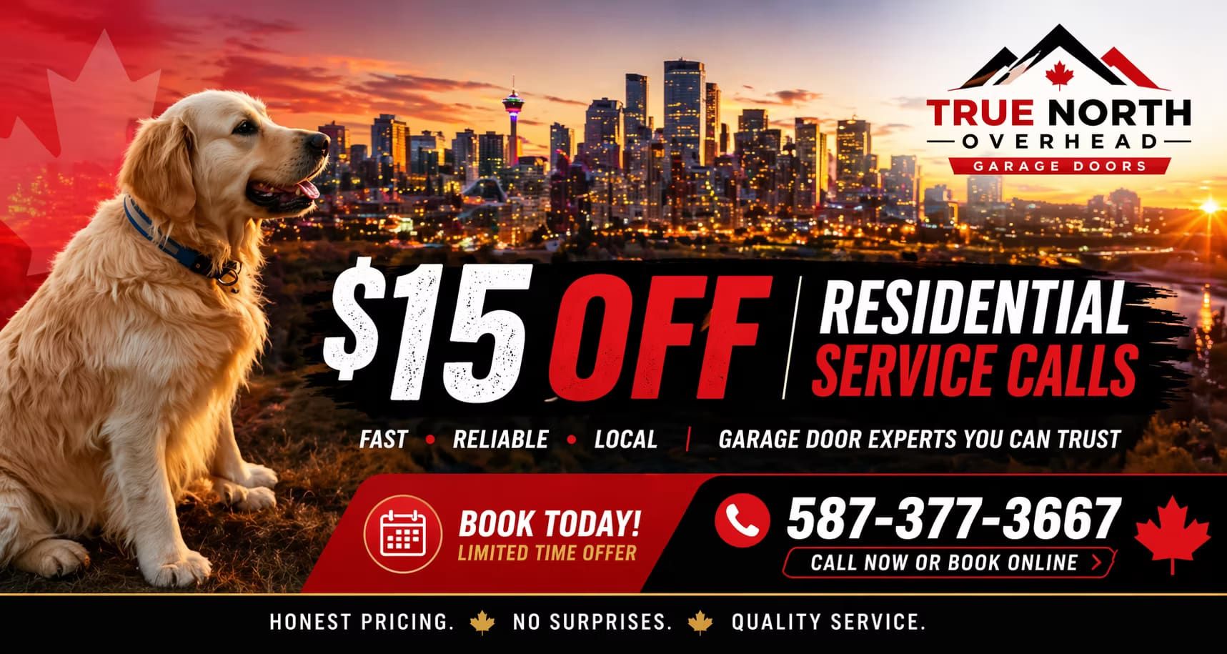 $15 off residential garage door service calls — True North Overhead Doors, call 587-377-3667 or book online
