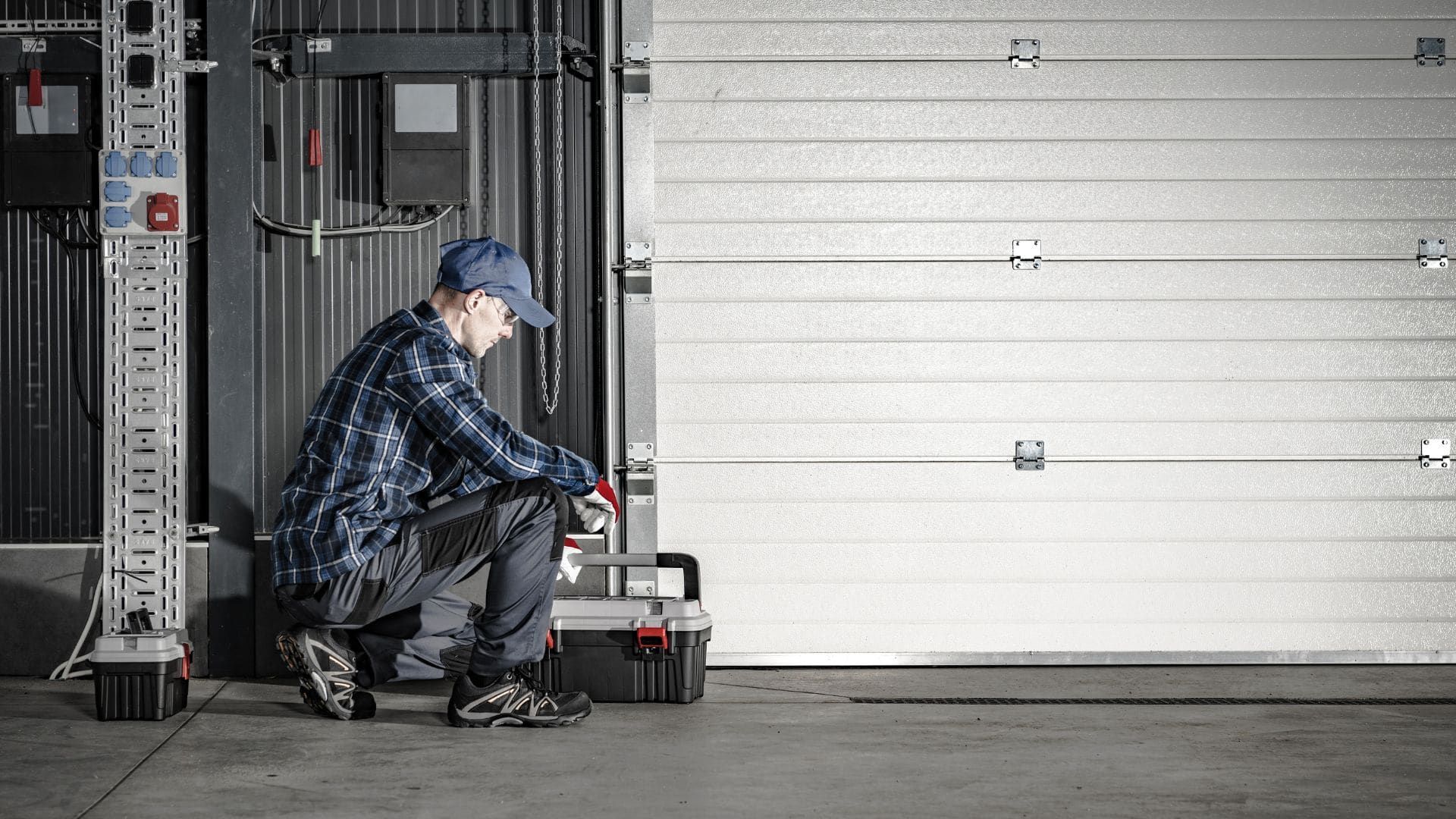 Garage door repair technician with a toolbox working on a residential overhead door